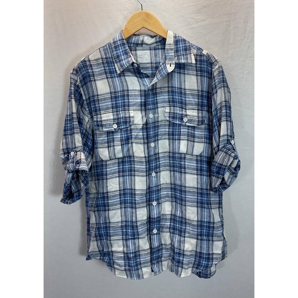 J Crew x Baird McNutt Shirt Mens M Blue Plaid Irish Linen Roll Tab Travel Summer